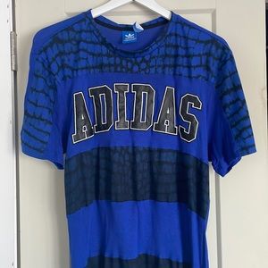 Adidas blue and black T-shirt dress. faux leather logo text across chest W US S